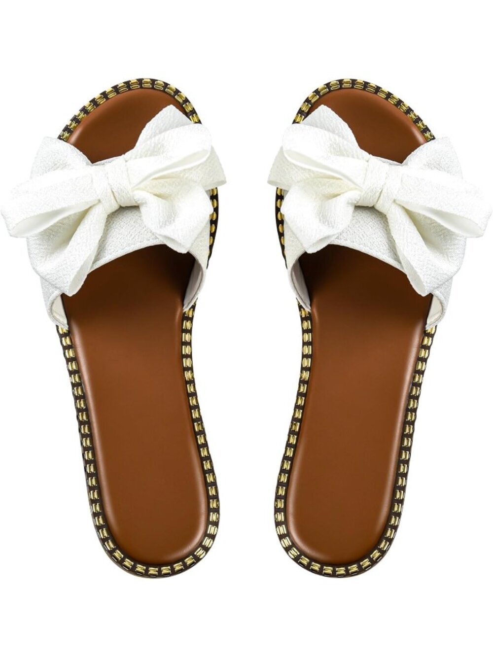 Women's White Bow Knot Slides Open Toe Flat Slip On Faux Leather Slippers